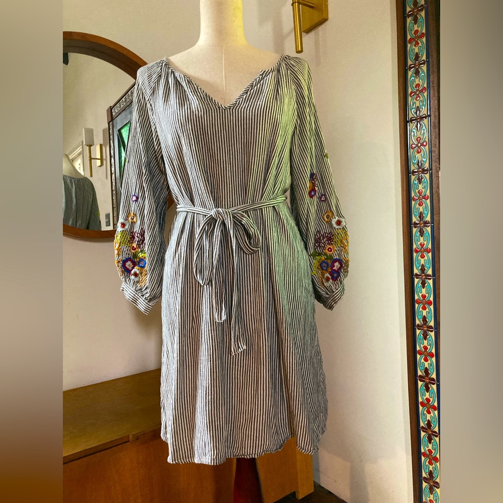 Feather Bone by Anthropologie peasant striped embroidered dress. Sm